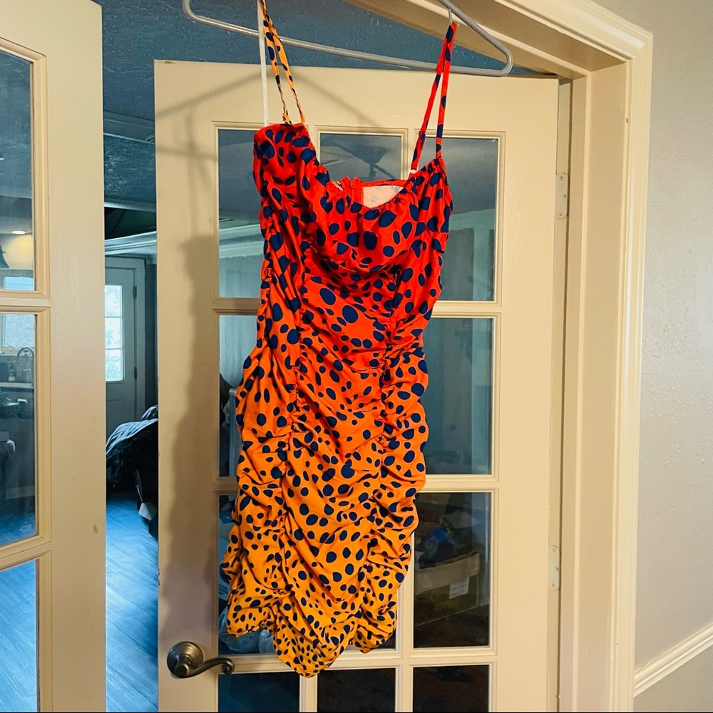 Orange, yellow ombré, polka dot, ruched mini dress